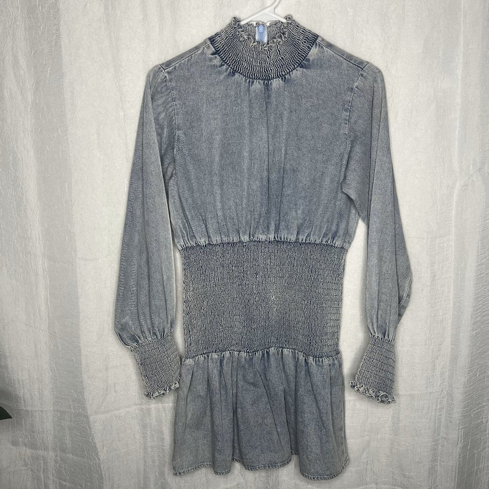 SOMETHING NAVY Smocked Denim Mini Dress Light Blue Revolve Womens S Cotton